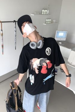 Unisex Cartoon Print Cotton Short-Sleeve T-Shirt - Trendy Loose Fit Round Neck for Couples - Summer 90s Style