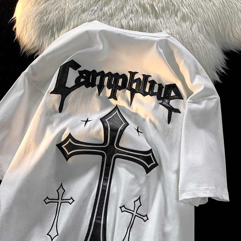 Unisex Hip-Hop Cross Short Sleeve T-Shirt - American Street Style, Plus Size, Loose Fit, Pure Cotton Couple Top Unisex Hip-Hop Cross Short Sleeve T-Shirt - American Street Style, Plus Size, Loose Fit, Pure Cotton Couple Top