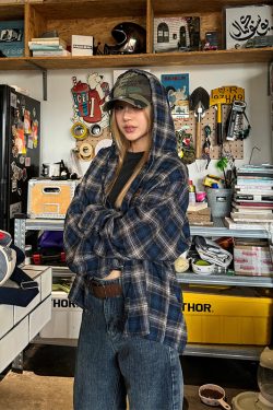 Unisex Hooded Long Sleeve Plaid Shirt - Retro Street Style, Color Block Design, Casual Fashion Polo for Men and Women