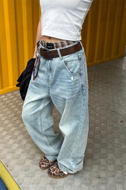 Unisex Retro Washed Distressed Straight Loose Denim Pants - Street Style Wide-Leg Ripped Casual Long Jeans