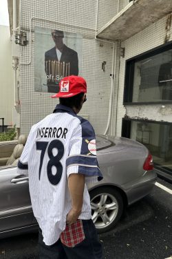 Unisex Vertical Striped Short Sleeve Shirt with Cartoon Embroidery, Color-Blocking, College Style, Baseball Inspired, Casual Fashion