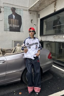 Unisex Vertical Striped Short Sleeve Shirt with Cartoon Embroidery, Color-Blocking, College Style, Baseball Inspired, Casual Fashion