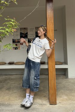 Unisex Vintage Street Style Multi-Pocket Denim Capri Pants - Summer Thin American Washed Loose Fit