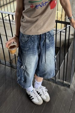 Unisex Vintage Street Style Multi-Pocket Denim Capri Pants - Summer Thin American Washed Loose Fit