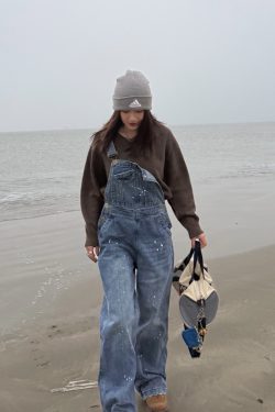 Unisex Water-Washed Denim Overalls - Retro Loose Straight-Leg Design for Men and Women, Street Style Bamboo Joint Spray Ink