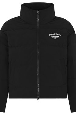 Unisex White Duck Down Jacket with Embroidered Slogan, Stand Collar, Loose Fit - Trendy Winter Coat for Men and Women