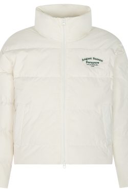 Unisex White Duck Down Jacket with Embroidered Slogan, Stand Collar, Loose Fit - Trendy Winter Coat for Men and Women