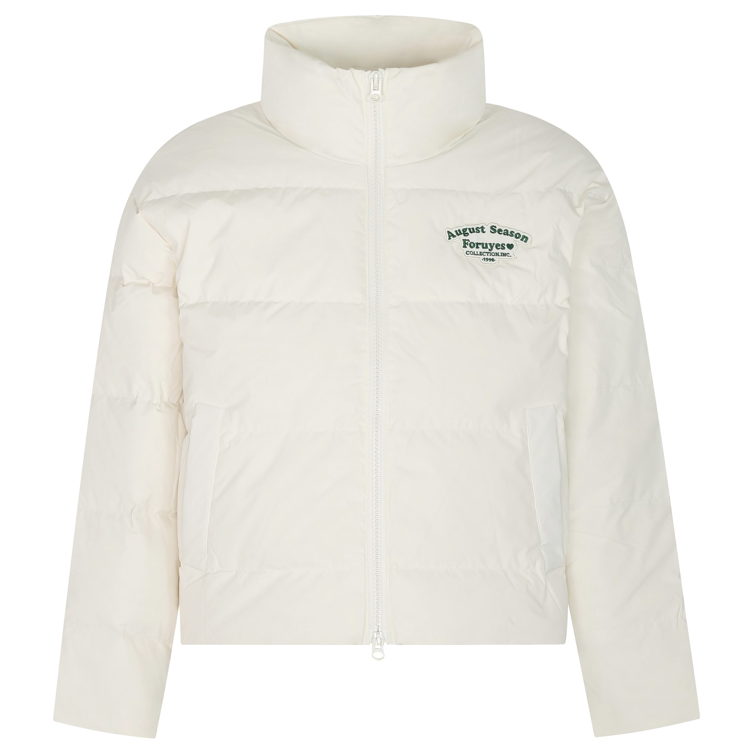 Unisex White Duck Down Jacket with Embroidered Slogan, Stand Collar, Loose Fit - Trendy Winter Coat for Men and Women Unisex White Duck Down Jacket with Embroidered Slogan, Stand Collar, Loose Fit - Trendy Winter Coat for Men and Women