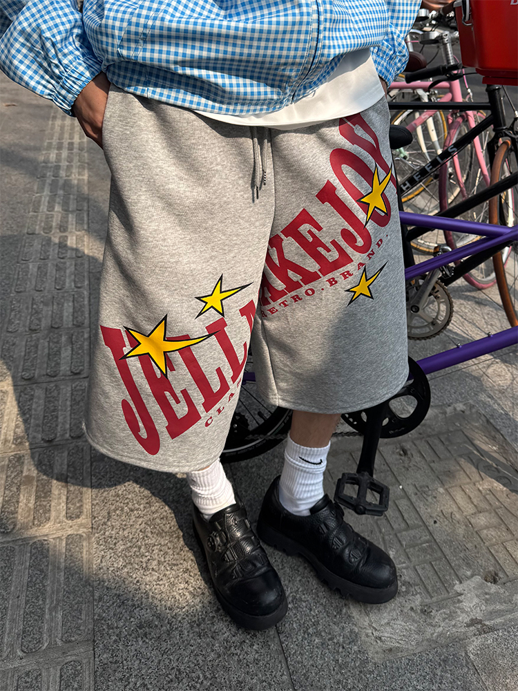 Unisex Wide-Leg Seven-Point Pants with Vintage Star Letter Print - Casual Loose Fit Summer Shorts Unisex Wide-Leg Seven-Point Pants with Vintage Star Letter Print - Casual Loose Fit Summer Shorts