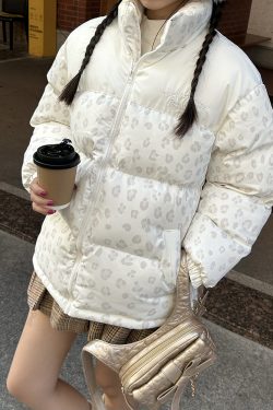 Unisex Winter Thick Cotton Jacket with Leopard Print Splicing and Slogan Embroidery - Trendy National Style Outerwear