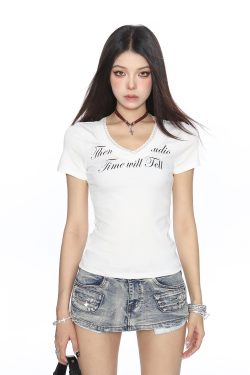 V-neck Lace-Trimmed Letter Short-Sleeve Cropped T-Shirt for Women - Summer Slim-Fit American Style 90s Trendy Top