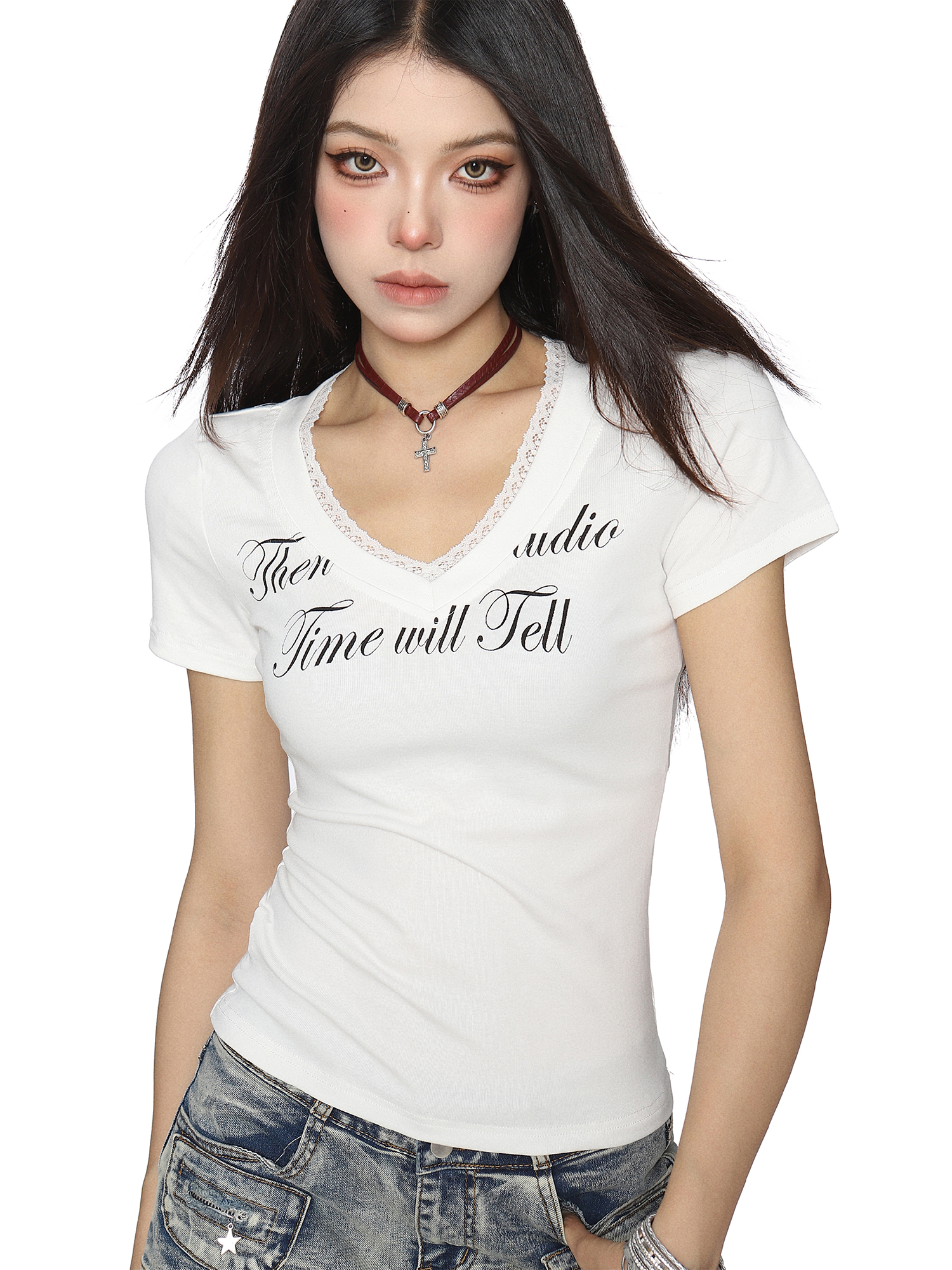 V-neck Lace-Trimmed Letter Short-Sleeve Cropped T-Shirt for Women - Summer Slim-Fit American Style 90s Trendy Top V-neck Lace-Trimmed Letter Short-Sleeve Cropped T-Shirt for Women - Summer Slim-Fit American Style 90s Trendy Top