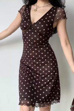 V-Neck Polka Dot Short Sleeve Dress for Women - Slim A-Line Waist-Cinching Sexy Skirt, European American Style, Y2K Fashion