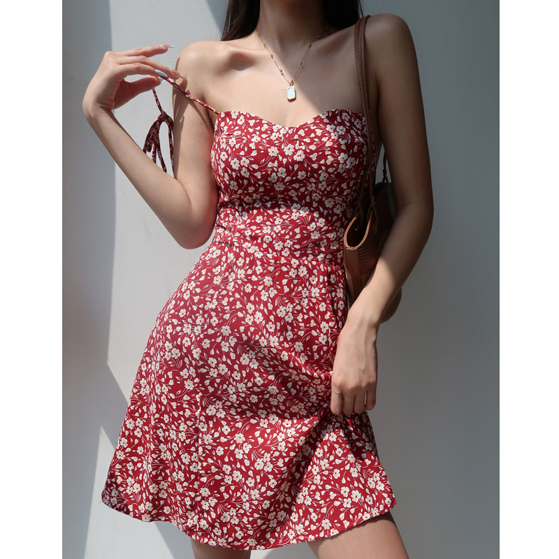V-neck Red Floral Spaghetti Strap Dress - Vintage Slim Fit Waist-Tie Short Vacation Dress in French Style V-neck Red Floral Spaghetti Strap Dress - Vintage Slim Fit Waist-Tie Short Vacation Dress in French Style