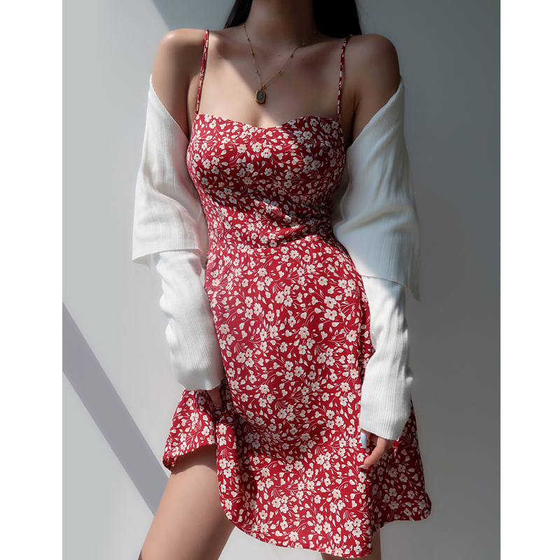 V-neck Red Floral Spaghetti Strap Dress - Vintage Slim Fit Waist-Tie Short Vacation Dress in French Style V-neck Red Floral Spaghetti Strap Dress - Vintage Slim Fit Waist-Tie Short Vacation Dress in French Style
