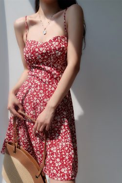V-neck Red Floral Spaghetti Strap Dress - Vintage Slim Fit Waist-Tie Short Vacation Dress in French Style