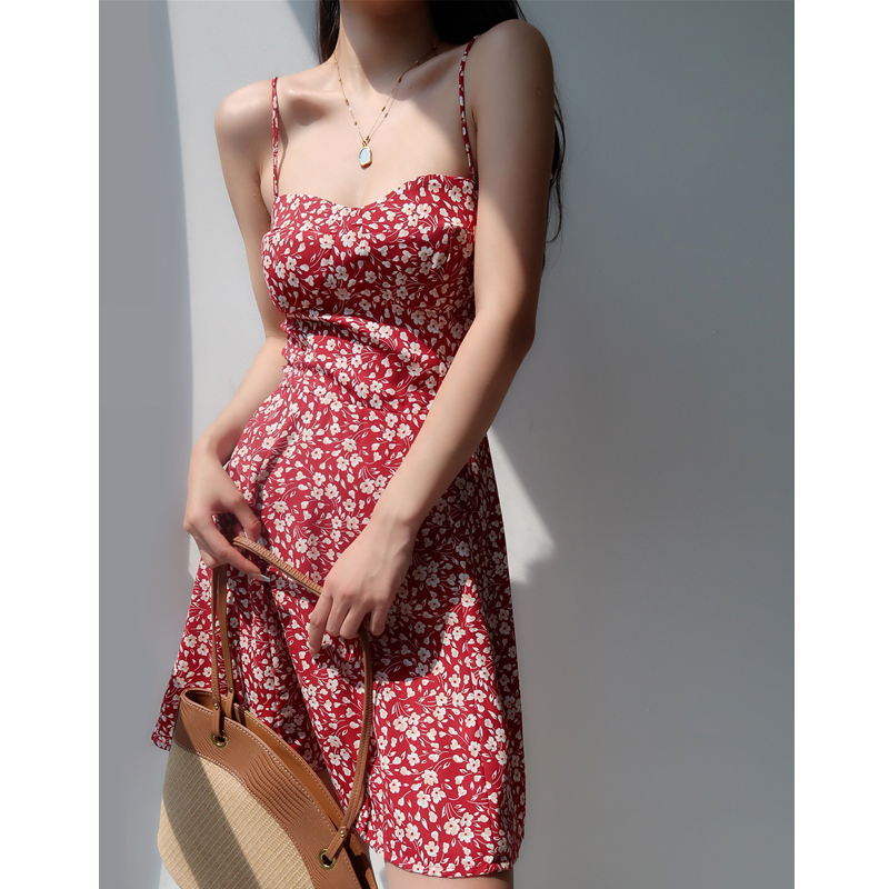 V-neck Red Floral Spaghetti Strap Dress - Vintage Slim Fit Waist-Tie Short Vacation Dress in French Style V-neck Red Floral Spaghetti Strap Dress - Vintage Slim Fit Waist-Tie Short Vacation Dress in French Style