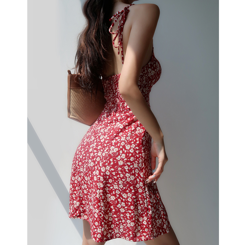 V-neck Red Floral Spaghetti Strap Dress - Vintage Slim Fit Waist-Tie Short Vacation Dress in French Style V-neck Red Floral Spaghetti Strap Dress - Vintage Slim Fit Waist-Tie Short Vacation Dress in French Style