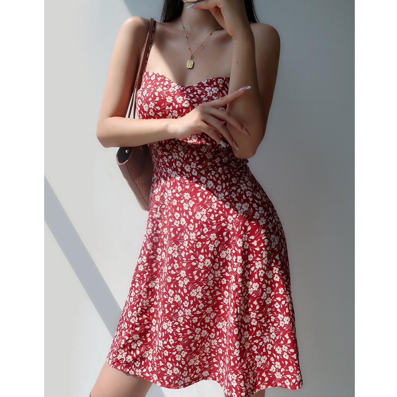 V-neck Red Floral Spaghetti Strap Dress - Vintage Slim Fit Waist-Tie Short Vacation Dress in French Style V-neck Red Floral Spaghetti Strap Dress - Vintage Slim Fit Waist-Tie Short Vacation Dress in French Style