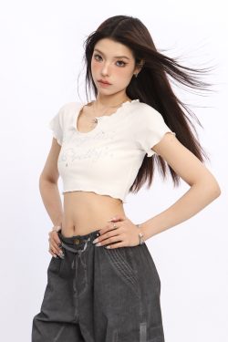 V-Neck Rhinestone Letter Short Sleeve Crop Top for Women - Sweet Spicy Girl Style Slim Fit Summer Tee