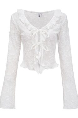 V-neck Ruffled Lace Tie Shirt for Women - Slim Fit Long Sleeve Cardigan - European American Style - Y2K Fashion Top