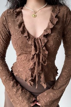 V-neck Ruffled Lace Tie Shirt for Women - Slim Fit Long Sleeve Cardigan - European American Style - Y2K Fashion Top