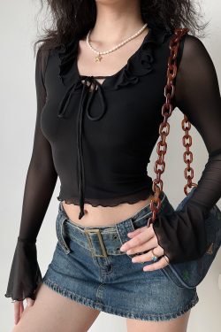 V-neck Ruffled Tie Black Mesh Long Sleeve T-shirt for Women - European American Style, Slim Fit, Trendy Y2K Fashion Top