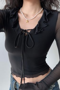 V-neck Ruffled Tie Black Mesh Long Sleeve T-shirt for Women - European American Style, Slim Fit, Trendy Y2K Fashion Top