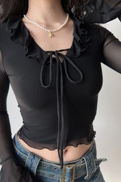 V-neck Ruffled Tie Black Mesh Long Sleeve T-shirt for Women - European American Style, Slim Fit, Trendy Y2K Fashion Top