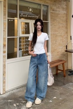 V-Neck Short Sleeve T-Shirt for Women - American Vintage Slim Fit Top - 2025 Summer Essential - Casual 90s Style Base Layer