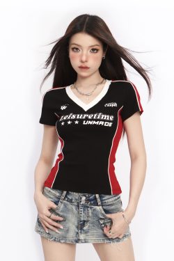 V-Neck Shoulder-Structured Short Sleeve T-Shirt for Women - Summer Y2K Slim-Fit Spicy Girl Blokette Style Top