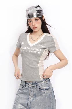 V-Neck Shoulder-Structured Short Sleeve T-Shirt for Women - Summer Y2K Slim-Fit Spicy Girl Blokette Style Top