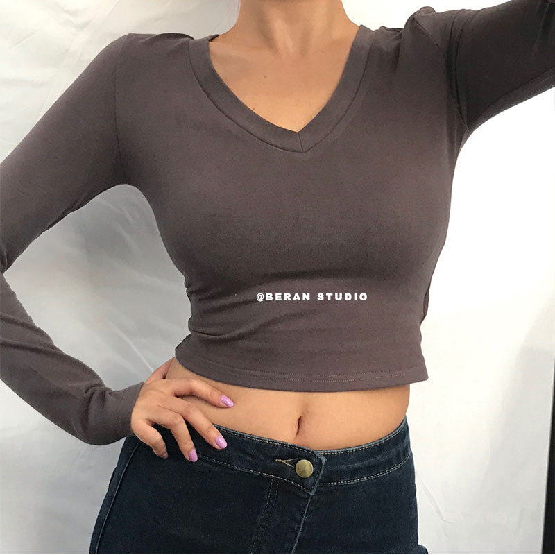 V-Neck Slim High-Waist Cropped Long Sleeve T-Shirt Top for Women - Sexy Solid Color Style, European & American Fashion V-Neck Slim High-Waist Cropped Long Sleeve T-Shirt Top for Women - Sexy Solid Color Style, European & American Fashion