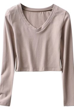 V-Neck Slim High-Waist Cropped Long Sleeve T-Shirt Top for Women - Sexy Solid Color Style, European & American Fashion