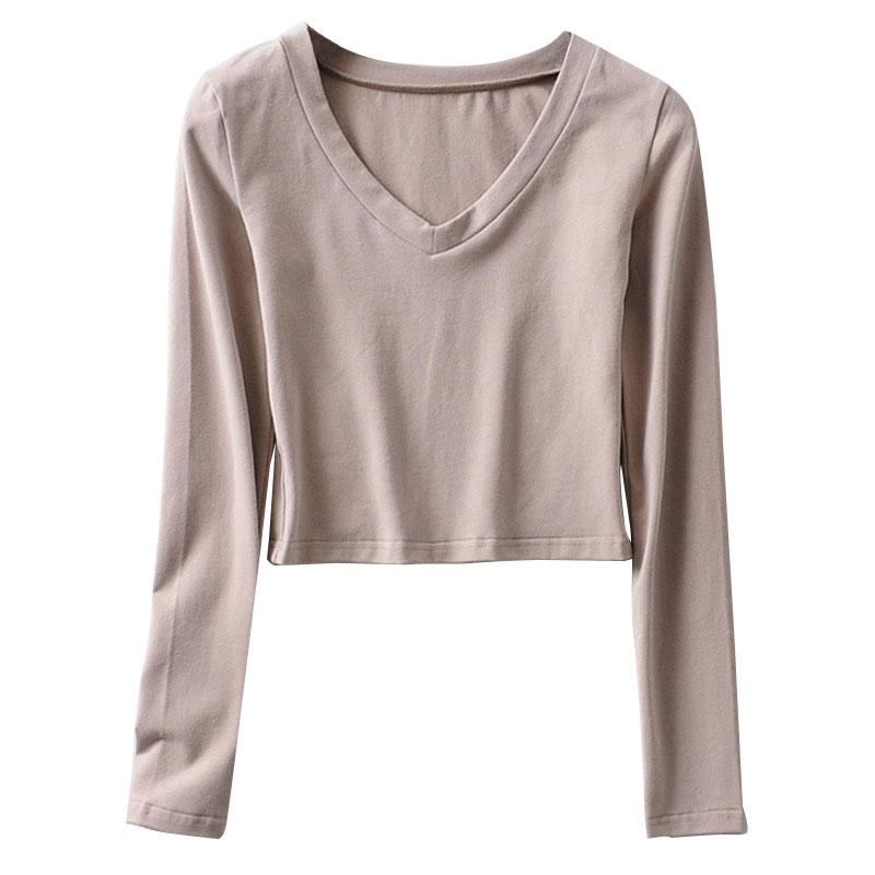 V-Neck Slim High-Waist Cropped Long Sleeve T-Shirt Top for Women - Sexy Solid Color Style, European & American Fashion V-Neck Slim High-Waist Cropped Long Sleeve T-Shirt Top for Women - Sexy Solid Color Style, European & American Fashion