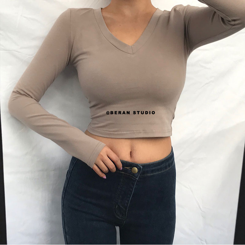V-Neck Slim High-Waist Cropped Long Sleeve T-Shirt Top for Women - Sexy Solid Color Style, European & American Fashion V-Neck Slim High-Waist Cropped Long Sleeve T-Shirt Top for Women - Sexy Solid Color Style, European & American Fashion