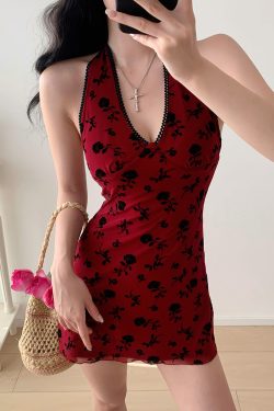 V-Neck Wine Red Floral Tie Neck Sling Dress - Sexy Hot Girl Style for Women, Trendy 90s Inspired Fashion