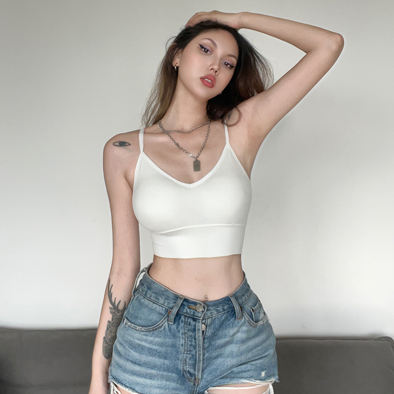 Versatile Back-Cross Sexy Low-Cut Cami with Chest Pads - Solid Color Inner Layer for Y2K and 90s Style Fashion Versatile Back-Cross Sexy Low-Cut Cami with Chest Pads - Solid Color Inner Layer for Y2K and 90s Style Fashion