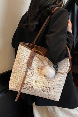 Versatile Cartoon Single-Shoulder Beach Bag for Women - Large-Capacity Straw Tote for Summer 2025 Beach Vacation Style