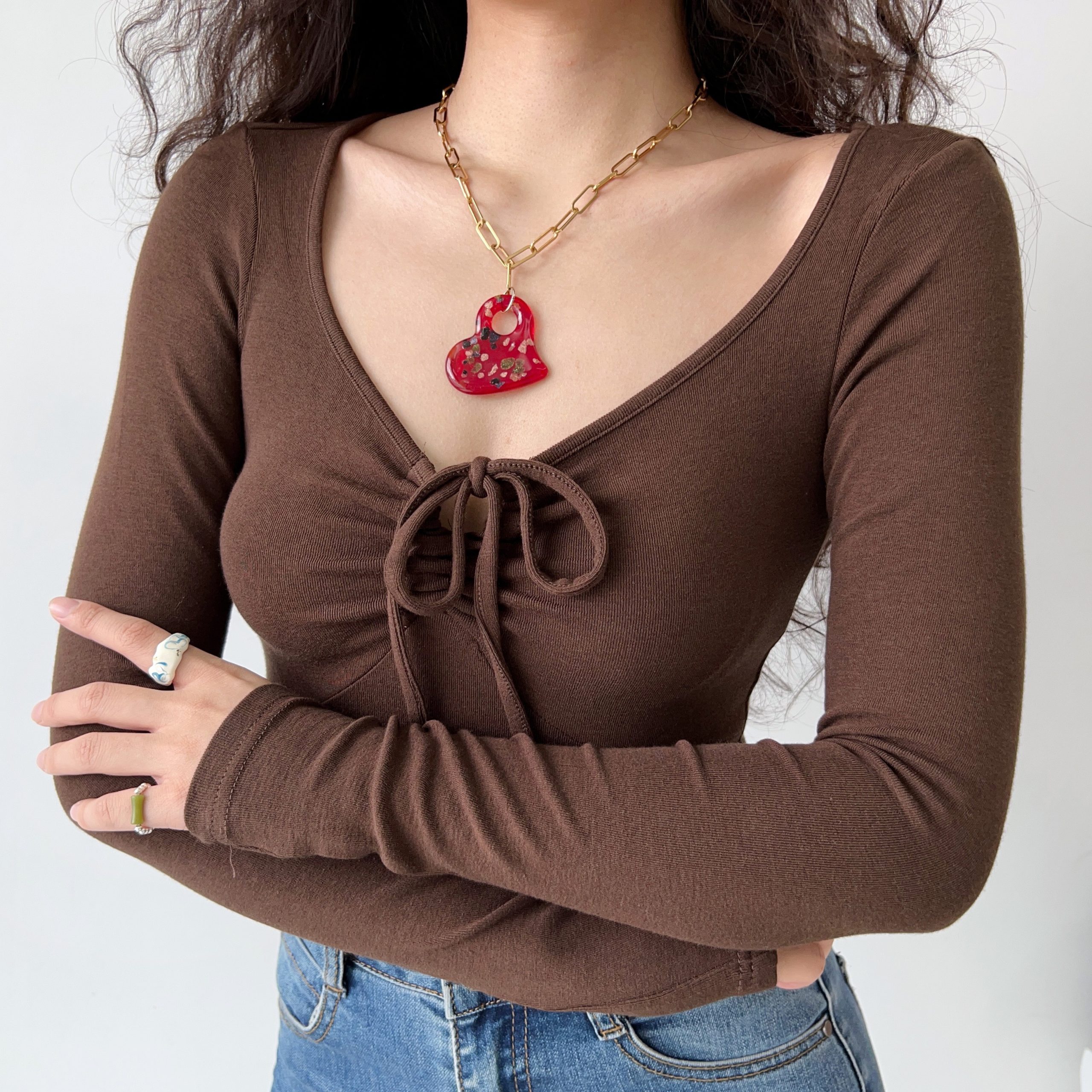 Versatile Front-Tie V-Neck Long Sleeve Slim-Fit T-Shirt for Women - European and American Style Fashion Top Versatile Front-Tie V-Neck Long Sleeve Slim-Fit T-Shirt for Women - European and American Style Fashion Top