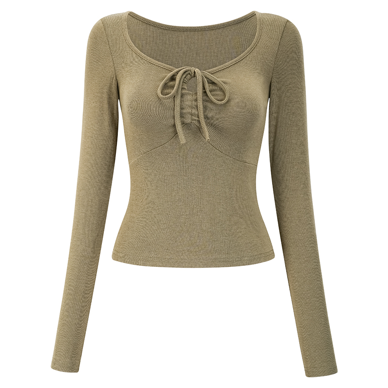 Versatile Front-Tie V-Neck Long Sleeve Slim-Fit T-Shirt for Women - European and American Style Fashion Top Versatile Front-Tie V-Neck Long Sleeve Slim-Fit T-Shirt for Women - European and American Style Fashion Top