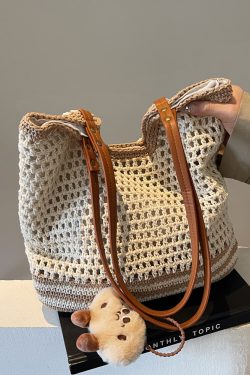 Versatile Knitted Cotton Yarn Tote Bag for Women - 2025 Autumn Fashion Woven Shoulder Bag for Commuting and Everyday Use