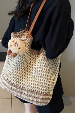 Versatile Knitted Cotton Yarn Tote Bag for Women - 2025 Autumn Fashion Woven Shoulder Bag for Commuting and Everyday Use
