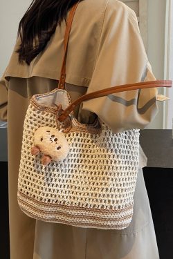 Versatile Knitted Cotton Yarn Tote Bag for Women - 2025 Autumn Fashion Woven Shoulder Bag for Commuting and Everyday Use