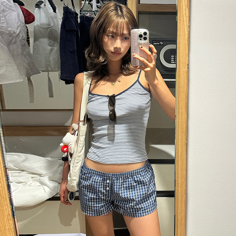 Versatile Striped Camisole and Elastic Checkered Button Low-Waist Casual Shorts Set for Effortless Summer Style Versatile Striped Camisole and Elastic Checkered Button Low-Waist Casual Shorts Set for Effortless Summer Style