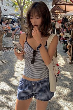 Versatile Striped Camisole and Elastic Checkered Button Low-Waist Casual Shorts Set for Effortless Summer Style