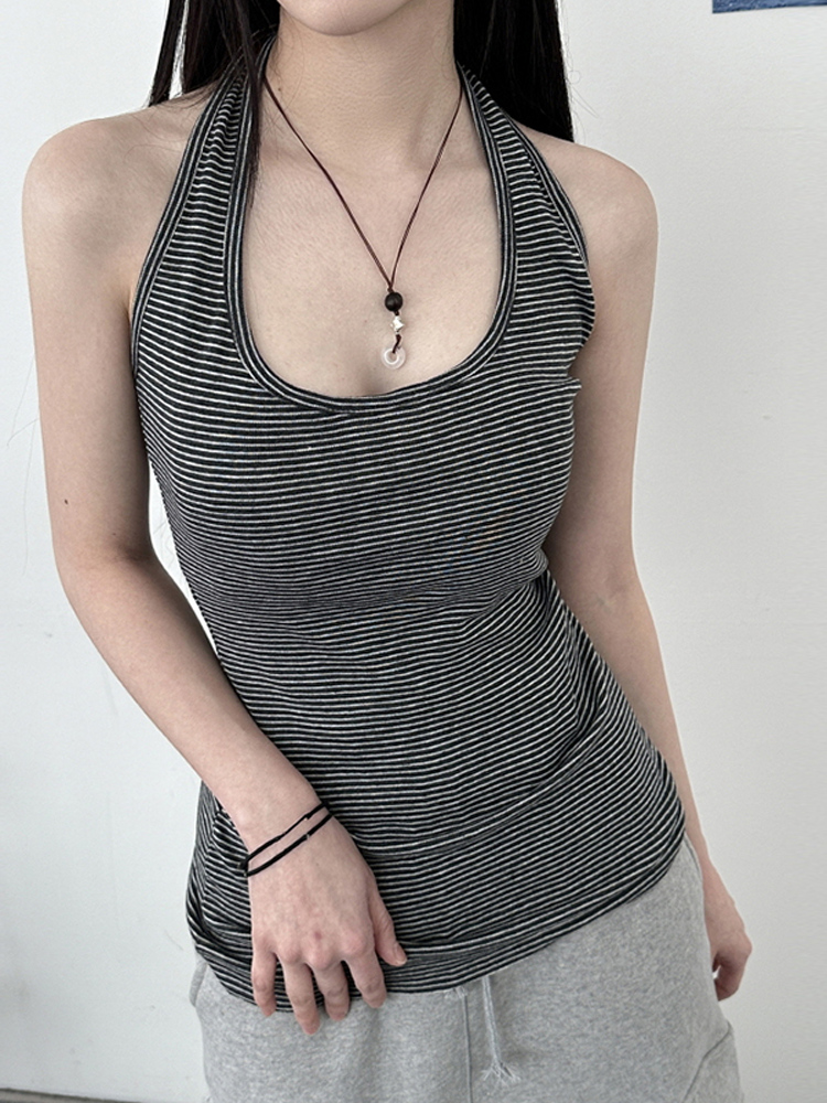 Versatile Striped Halter Backless Casual Top for Women - Slim Fit Summer Camisole, Perfect for 90s and Y2K Fashion Versatile Striped Halter Backless Casual Top for Women - Slim Fit Summer Camisole, Perfect for 90s and Y2K Fashion