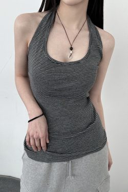 Versatile Striped Halter Backless Casual Top for Women - Slim Fit Summer Camisole, Perfect for 90s and Y2K Fashion