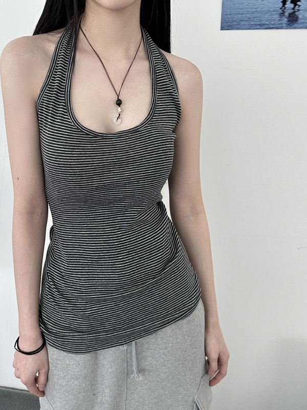 Versatile Striped Halter Backless Casual Top for Women - Slim Fit Summer Camisole, Perfect for 90s and Y2K Fashion Versatile Striped Halter Backless Casual Top for Women - Slim Fit Summer Camisole, Perfect for 90s and Y2K Fashion