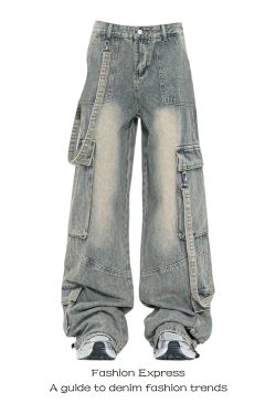 Vintage American High Street Multi-Pocket Denim Pants for Women - Loose Wide-Leg Workwear Trousers, Retro 90s Style